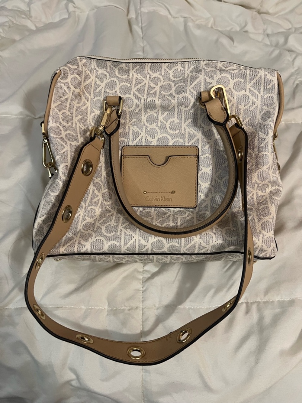 NWT Calvin Klein Beige Monogram Satchel Bag